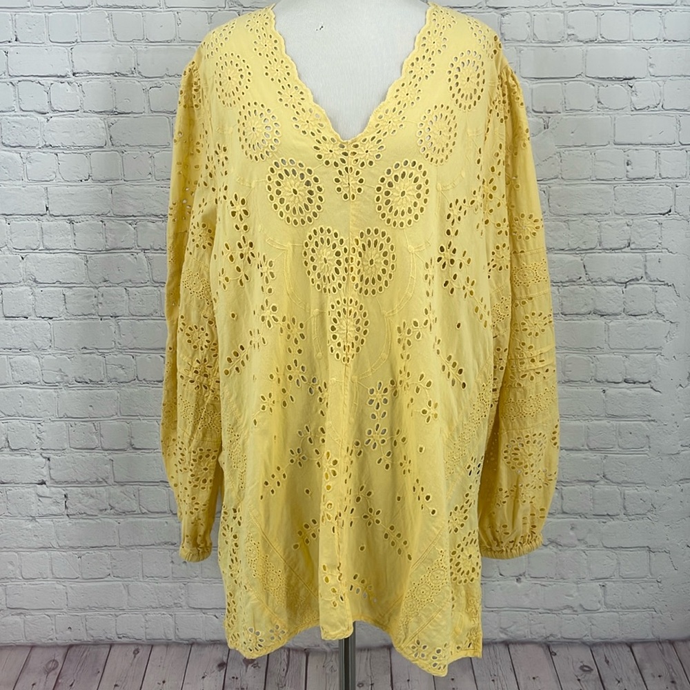 100% Cotton Yellow Eyelet Long Sleeve Bright Colorful Anthropologie Tolani XL